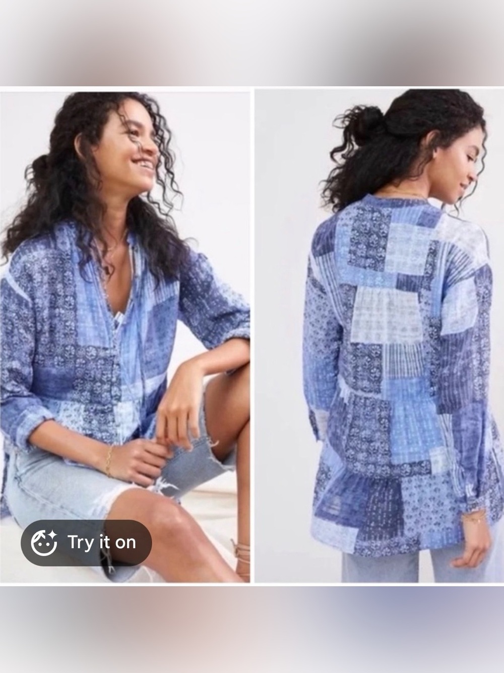 Anthropologie Pilcro Blue Patchwork Print Button-Front Tunic